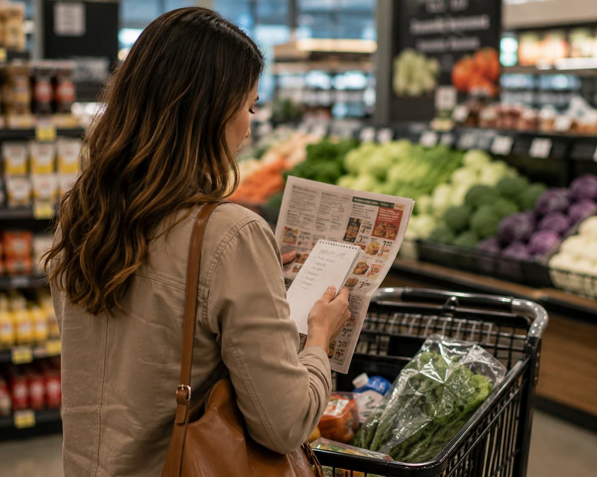 Woman browsing grocery list in grocery store with a cart full of product and more
