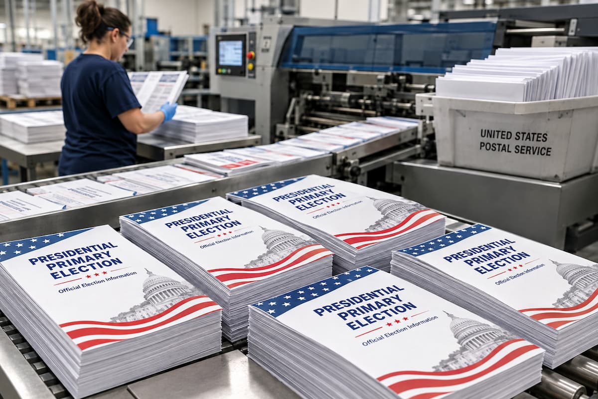 Stack of election print materials in commercial printer warehouse