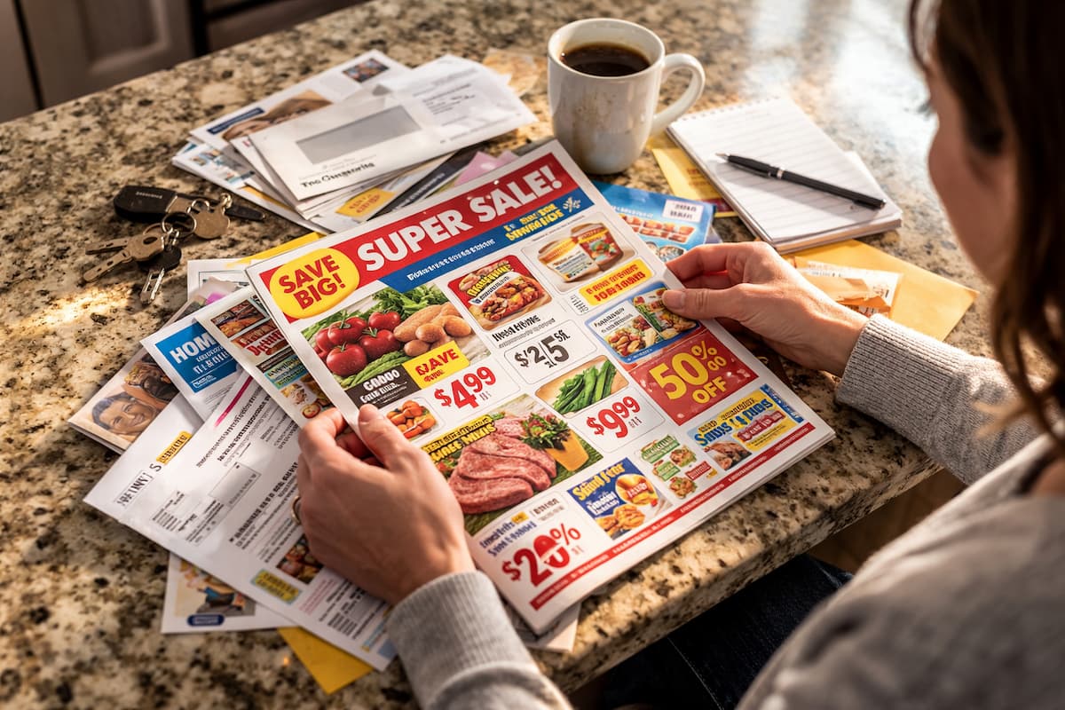 Commercial print mail and advertising circular on countertop